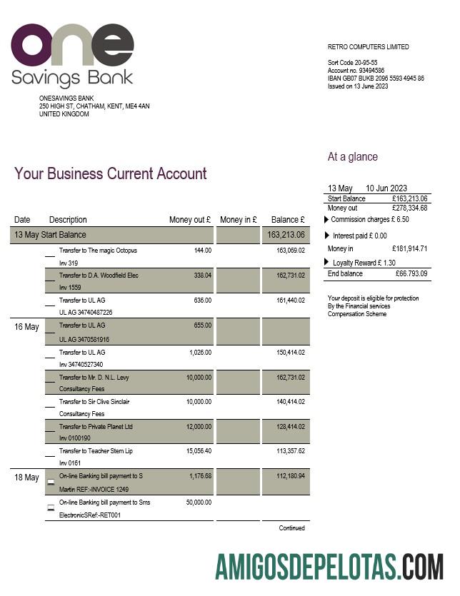 Realista One Savings Bank Business Checking modelo de extrato de conta Word e PDF
